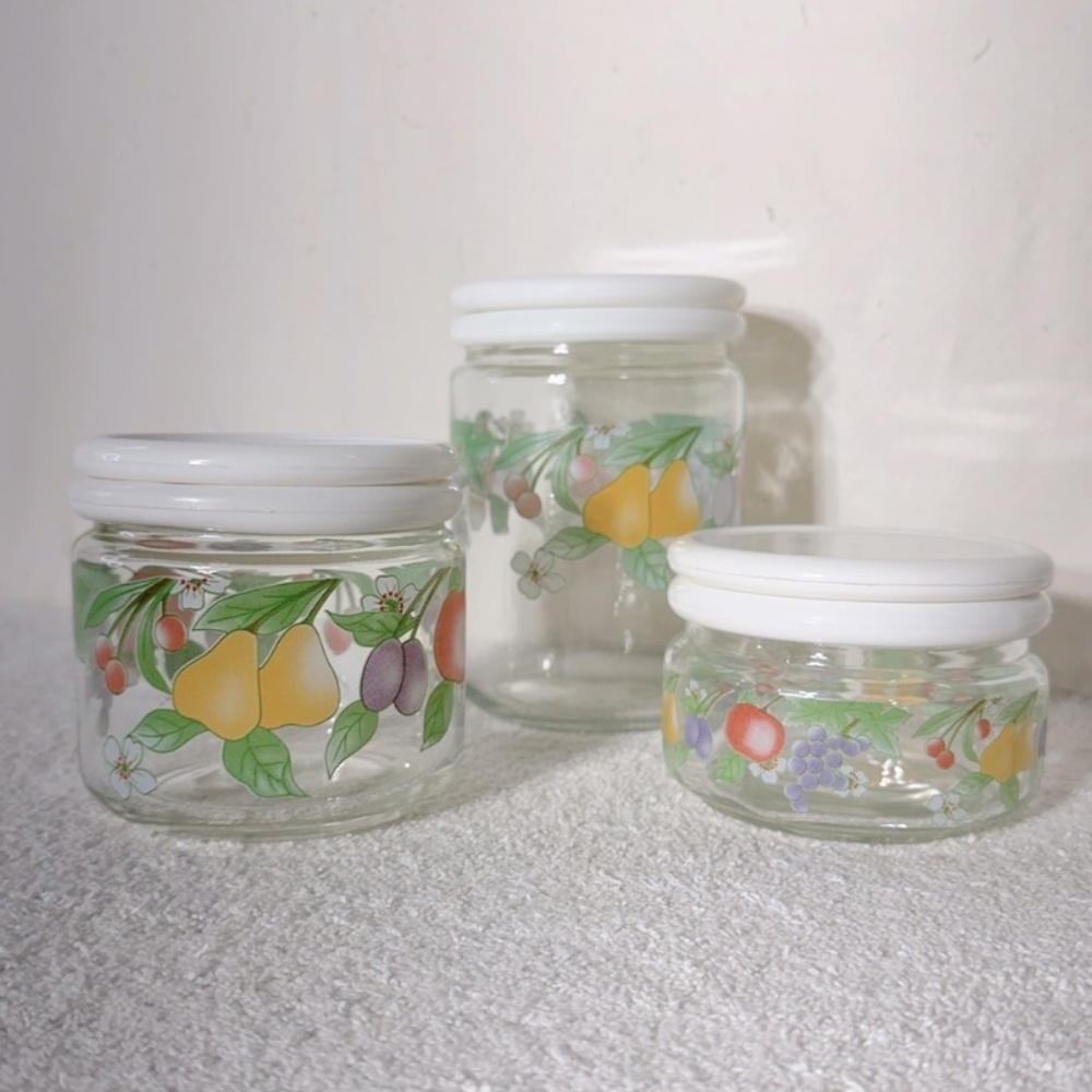 Vintage 80s KIG Indonesia Glass Fruit Flower Canister Set (3)
